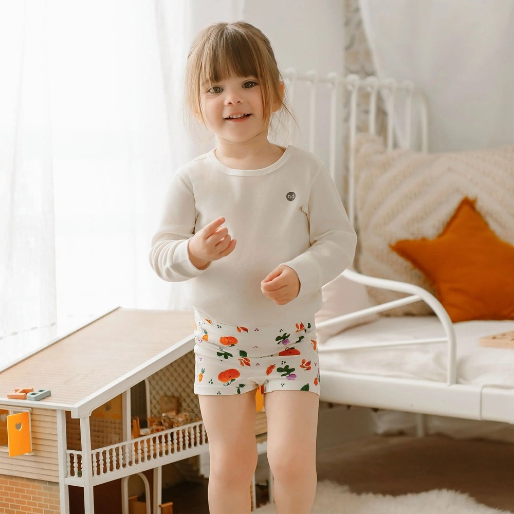 Nest Designs bamboo jersey girls' boy short underwear 2-pack Harvest Time; white with colorful harvest print