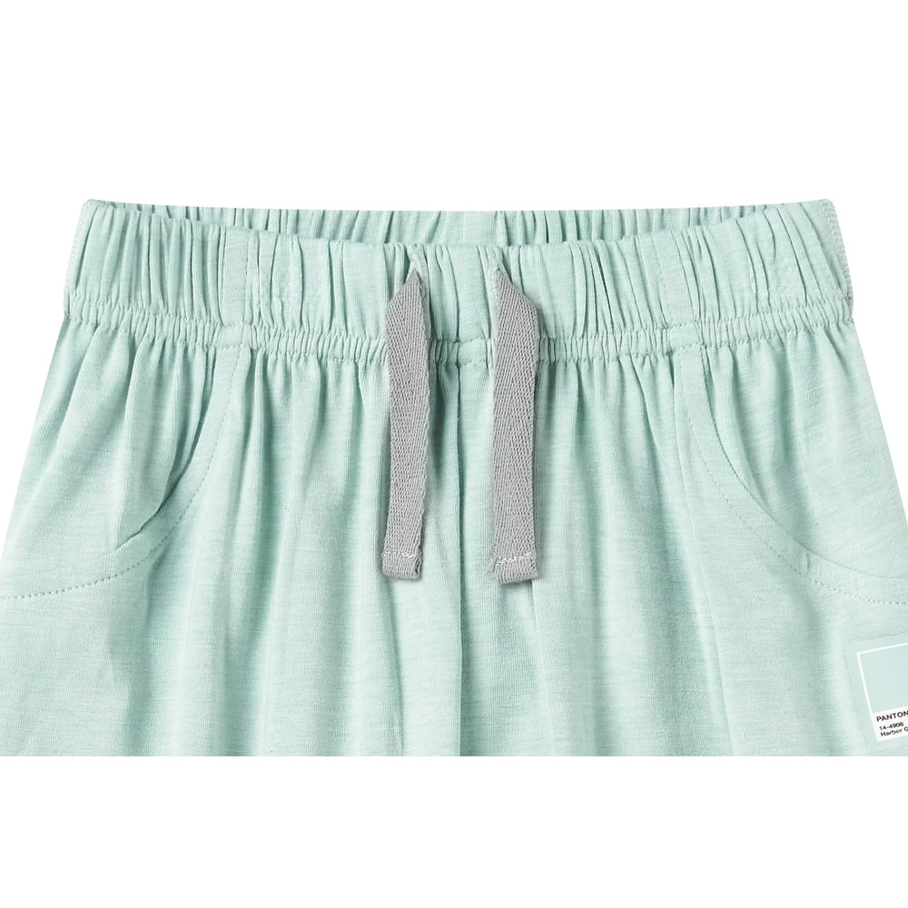 Nest Designs Bamboo Jersey Harem Pants Pantone Harbor Grey, soft fabric with a tied gray drawstring at the elastic waist.