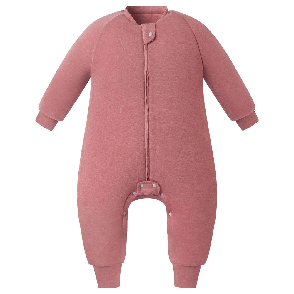 Nest Designs bamboo jersey long-sleeve footed sleep bag in faded rose, front zip with ankle snaps