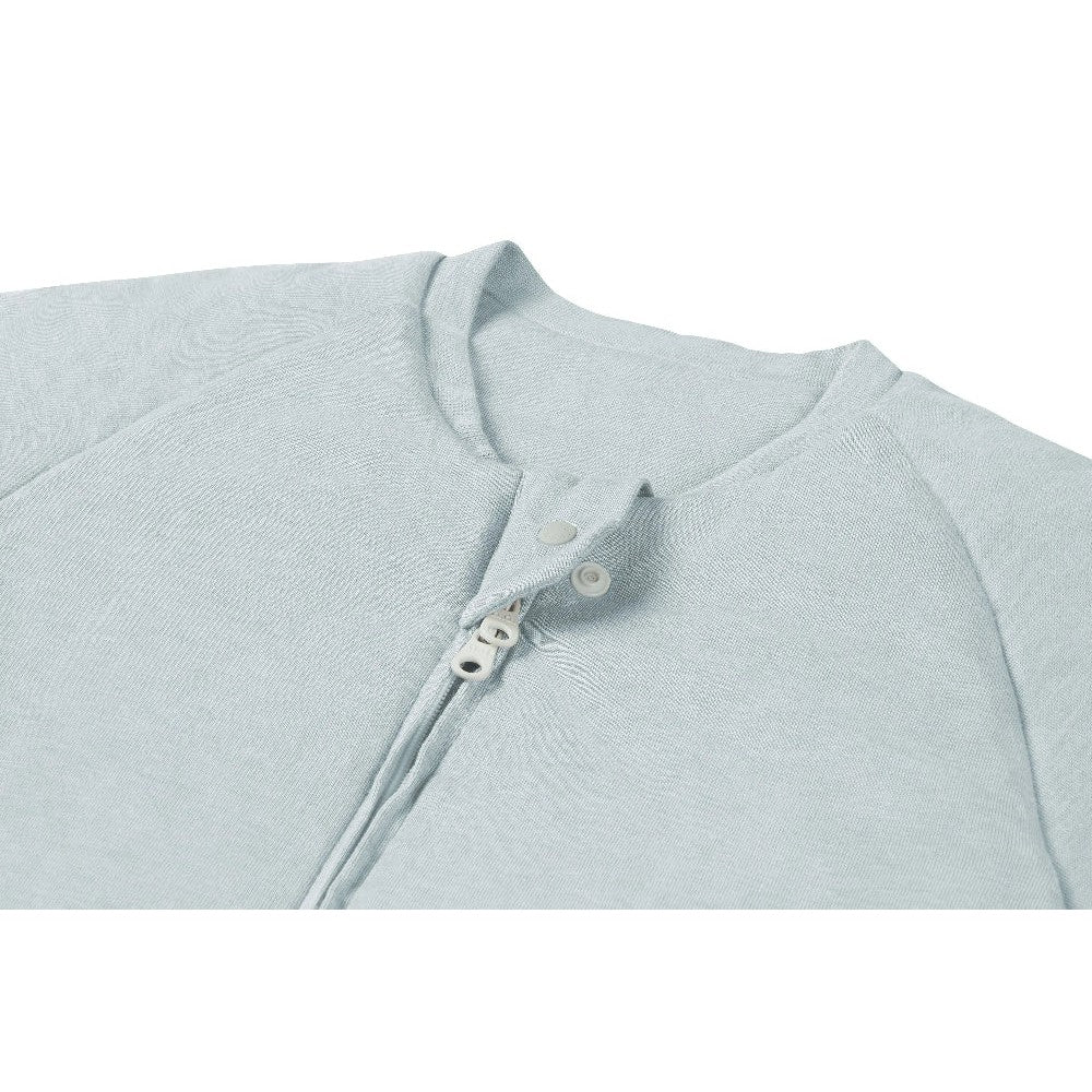 Nest Designs bamboo jersey long sleeve footed sleep bag, Ice Flow, 2.5 Tog; front zipper and snap placket shown mid-zip