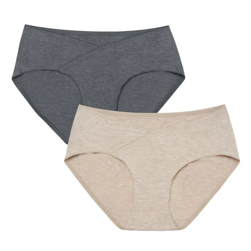 Two-pack bamboo jersey women's briefs in dark gray and beige; seamless full-coverage underwear.