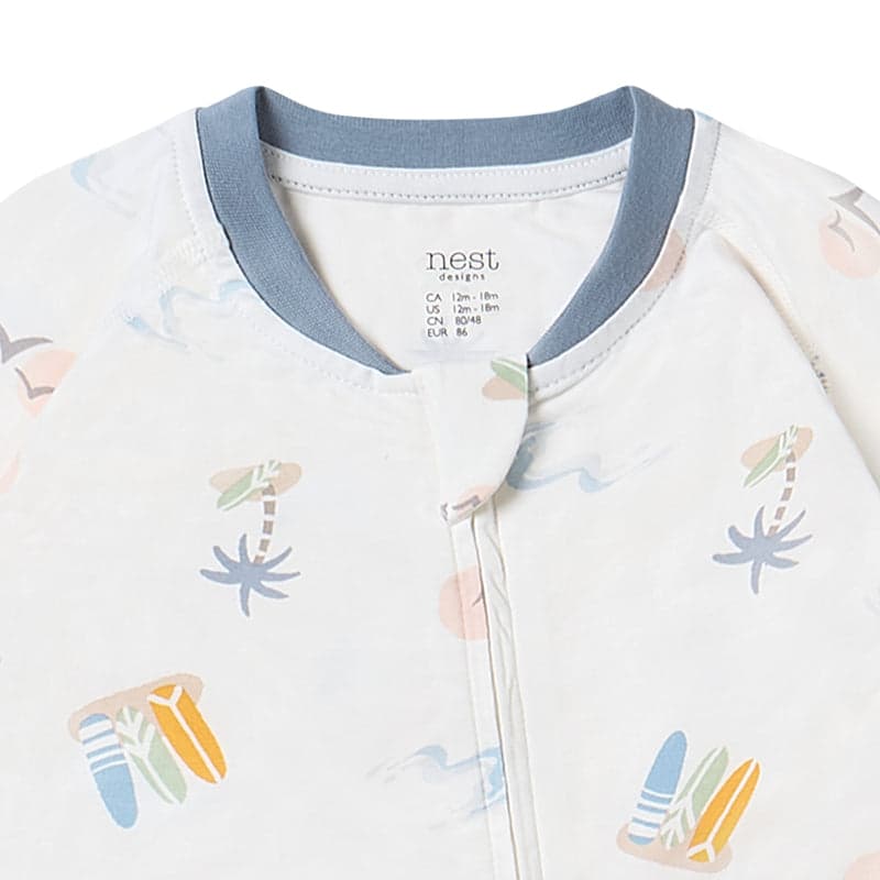 Nest Designs Bamboo Jersey One-Piece Zip Footless Sleeper Pastel Waves with blue ribbed collar and front zip