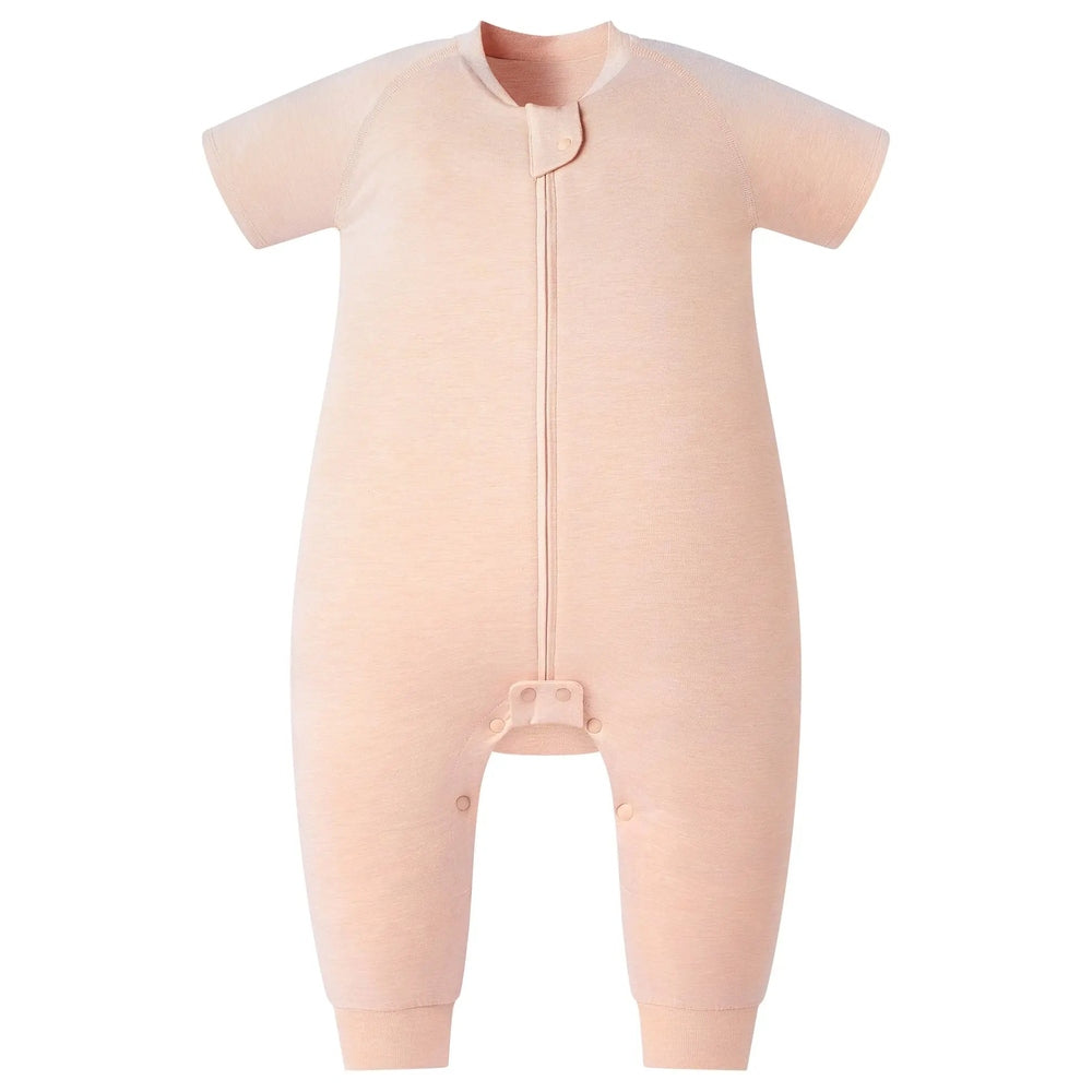 Nest Designs bamboo jersey short-sleeve footed sleep bag, 0.5 tog Pantone Bellini peach, laid flat with front zipper