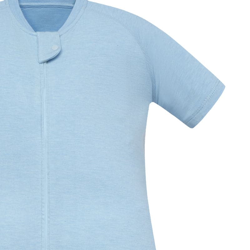 Nest Designs Bamboo Jersey Short Sleeve Footed Sleep Bag 0.6 Tog Forget-Me-Not blue, laid flat with snap neck closure.