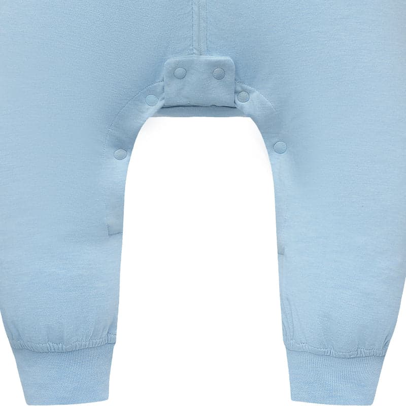 Nest Designs bamboo jersey short-sleeve footed sleep bag in Forget-Me-Not blue, snaps secure the arm openings.