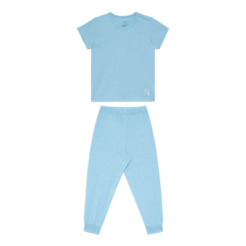 Nest Designs Bamboo Jersey Short Sleeve Pajama Set Forget-Me-Not in light blue; 2-piece baby sleepwear laid flat.