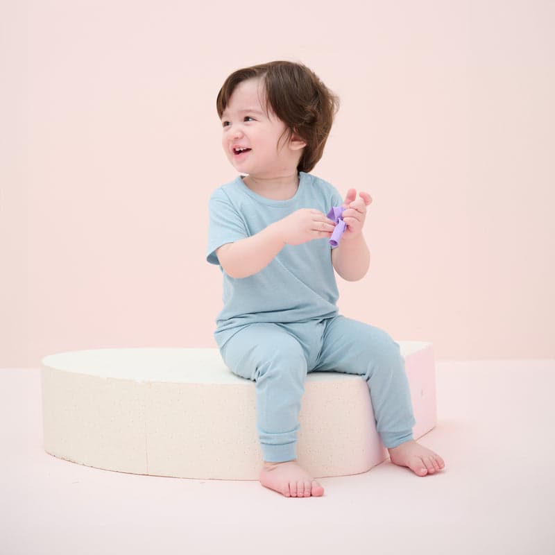 Nest Designs Forget-Me-Not bamboo jersey short-sleeve pajama set on a smiling toddler in light blue sleepwear, playing with a purple toy.