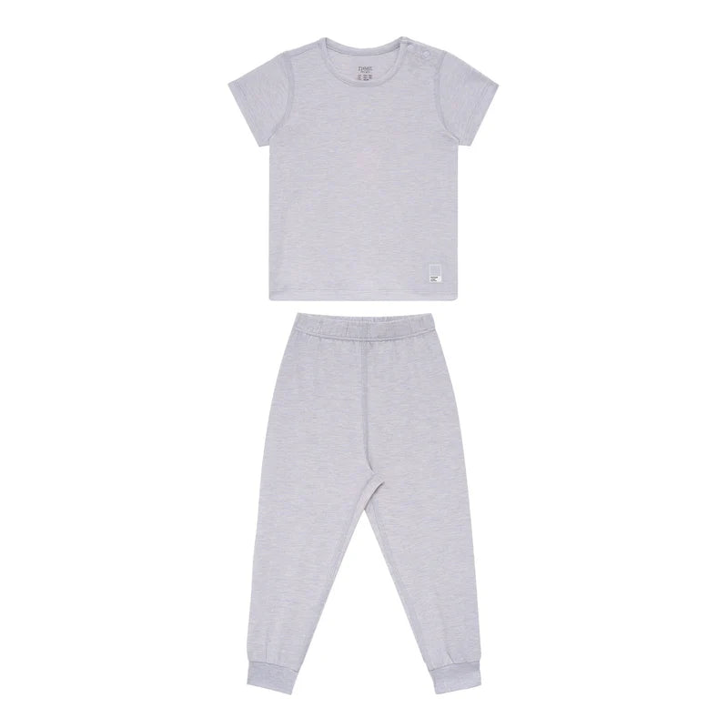 Nest Designs Bamboo Jersey Short Sleeve Pajama Set Lavender Blue, laid flat with top and pants.