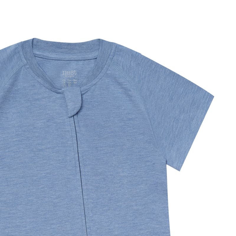 Nest Designs Bamboo Jersey Short Sleeve Romper Troposphere blue with diagonal front slant opening