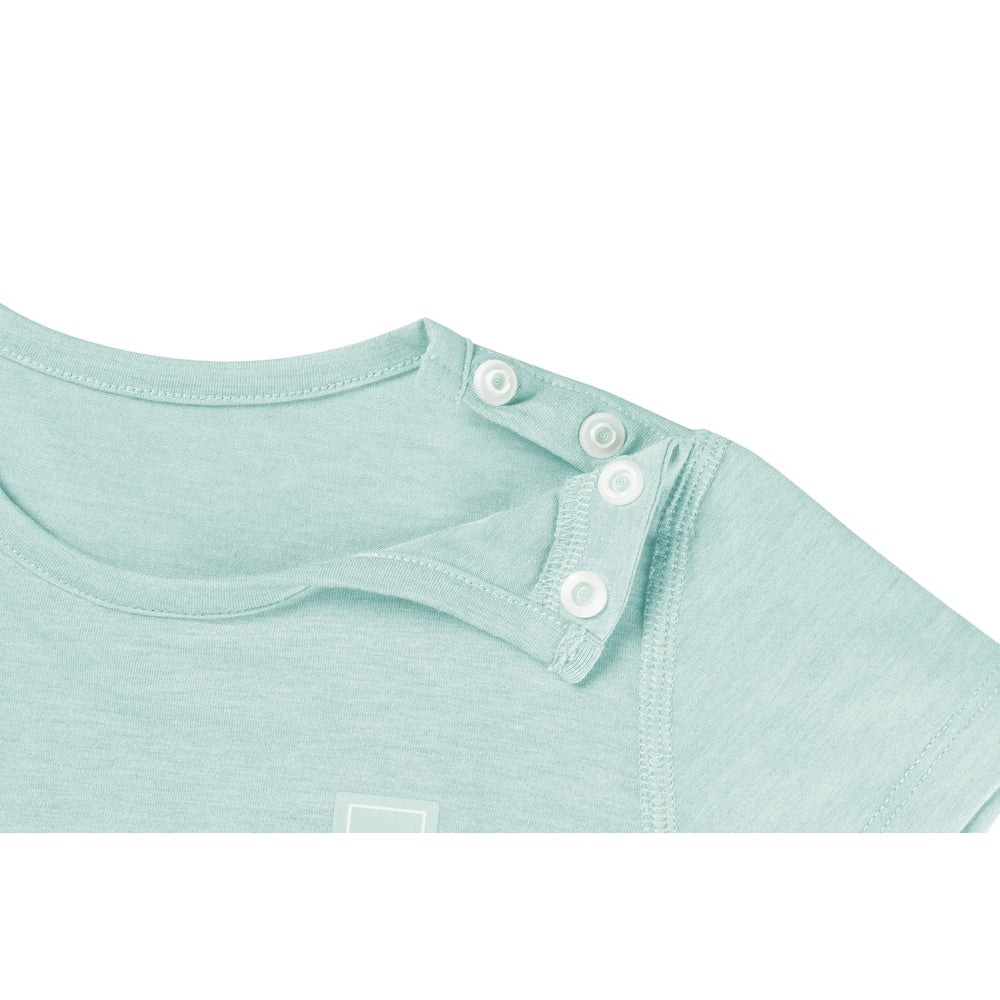 Nest Designs Bamboo Jersey Short Sleeve T-Shirt Pantone Harbor Grey in mint green; shoulder snaps fasten on the seam.