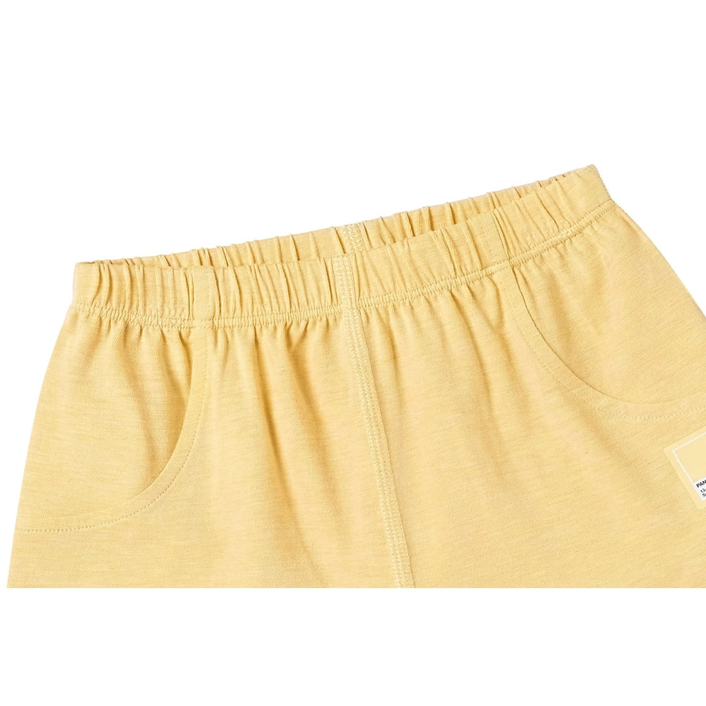 Nest Designs Bamboo Jersey Shorts Pantone Sunset Gold; elastic waistband gathered for comfort, soft breathable bamboo fabric.