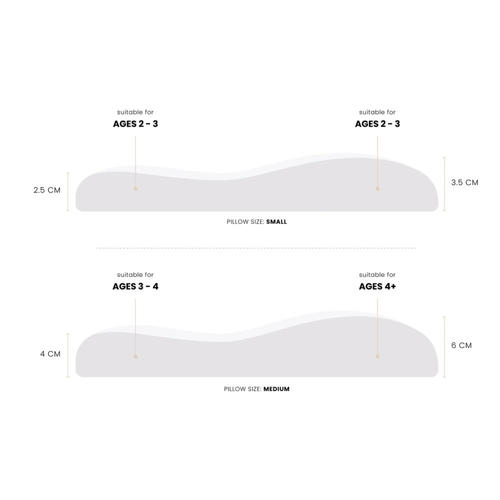 Nest Designs Bamboo Jersey Toddler Pillow Meerkats Away shown in small and medium sizes with age guides 2–3 and 3–4.