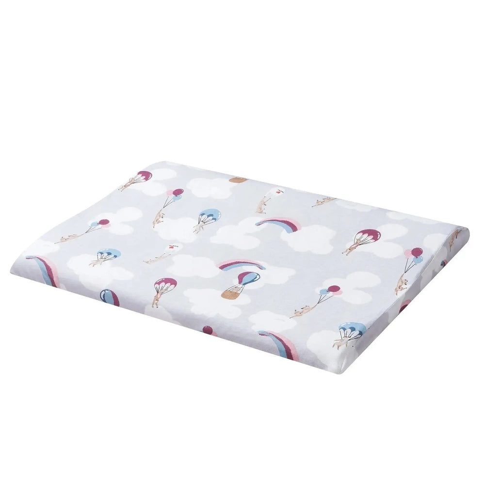 Nest Designs Bamboo Jersey Toddler Pillow And Pillowcase Meerkats Away in light blue with clouds and balloons, shown with the matching cover