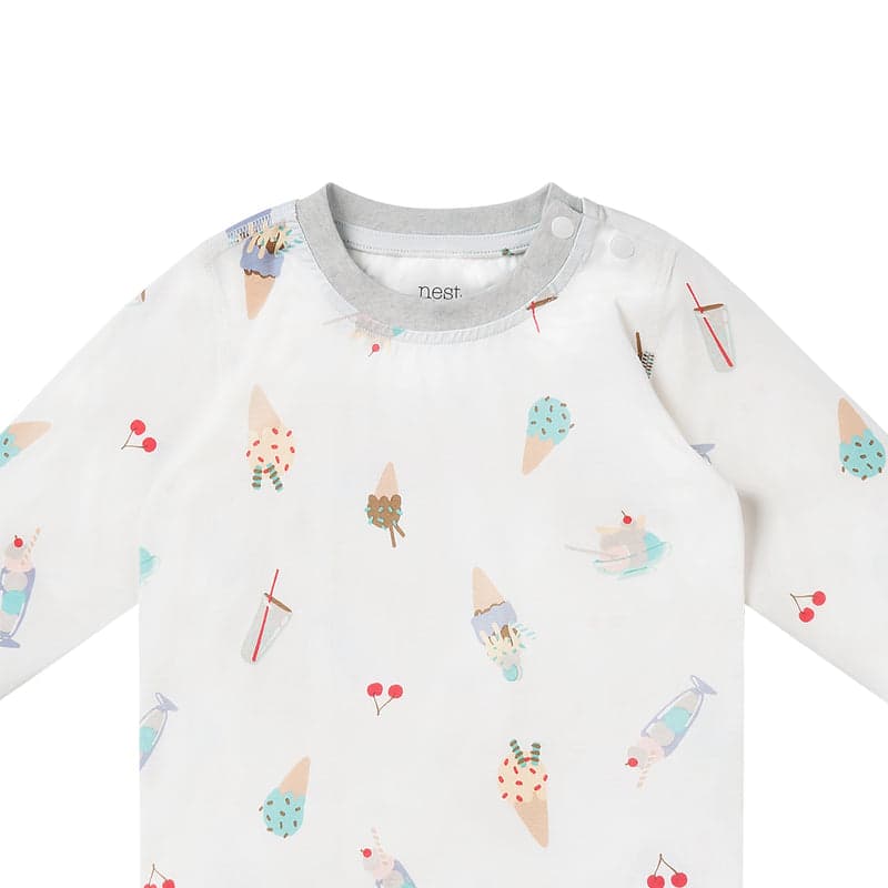 Nest Designs Bamboo Jersey Two-Piece Long Sleeve Pj Set Ice Cream Summer, white with pastel ice cream cones, laid flat.