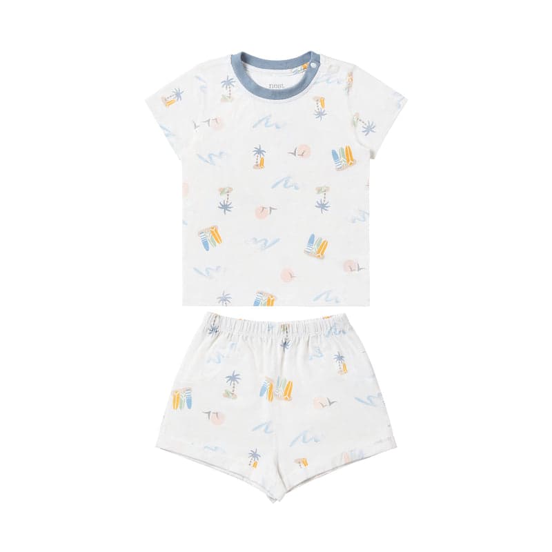 Nest Designs Bamboo Jersey Two-Piece Short-Sleeve Pajama Set Pastel Waves, shown laid flat for baby sleepwear.