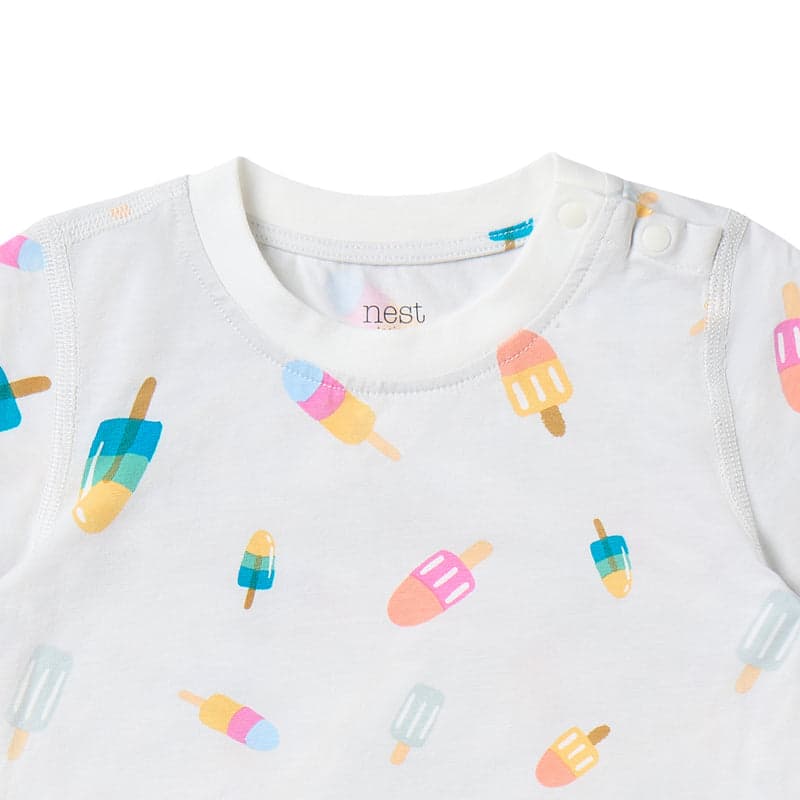Nest Designs Bamboo Jersey Two-Piece Short-Sleeve PJ Set in white with colorful popsicle print.