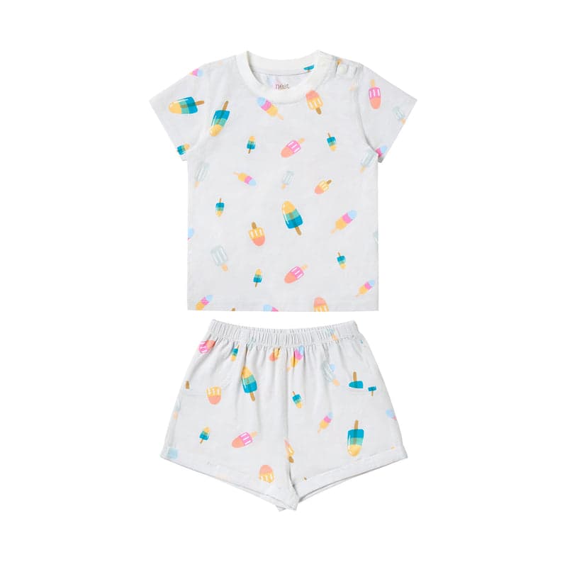 Nest Designs Bamboo Jersey Two-Piece Short Sleeve Pajama Set Summer Pops; white set with colorful popsicle print, top and shorts.