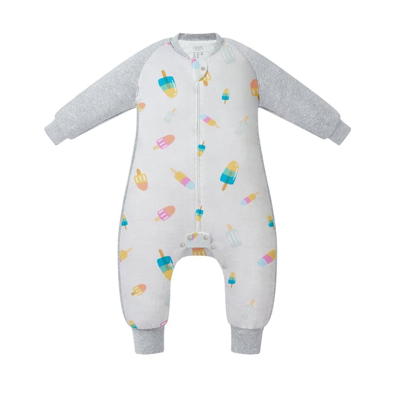 Nest Designs Bamboo Long Sleeve Footed Sleep Bag 1.0 Tog, white with colorful popsicle print, front zipper.