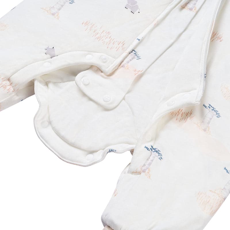 Nest Designs Bamboo Long Sleeve Footed Sleep Bag 1.0 Tog in white, snaps fasten securely at leg openings.