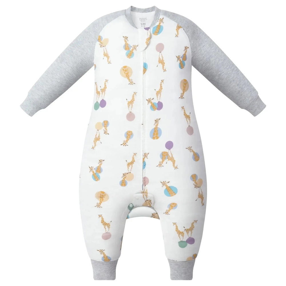 Nest Designs Bamboo Long Sleeve Footed Sleep Bag 1.0 Tog in white with giraffe print and grey sleeves