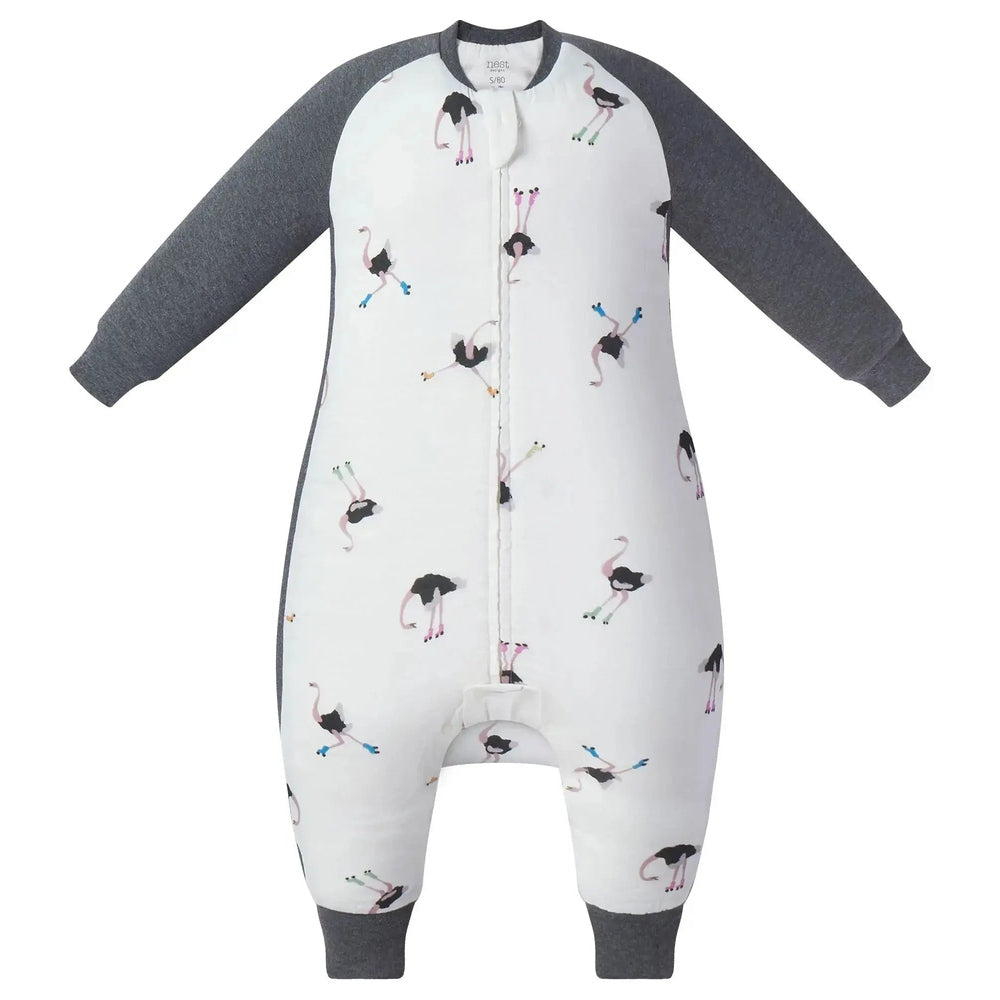 Nest Designs Bamboo Long Sleeve Footed Sleep Bag 1.0 Tog in white with gray sleeves, flamingo print, front zipper.