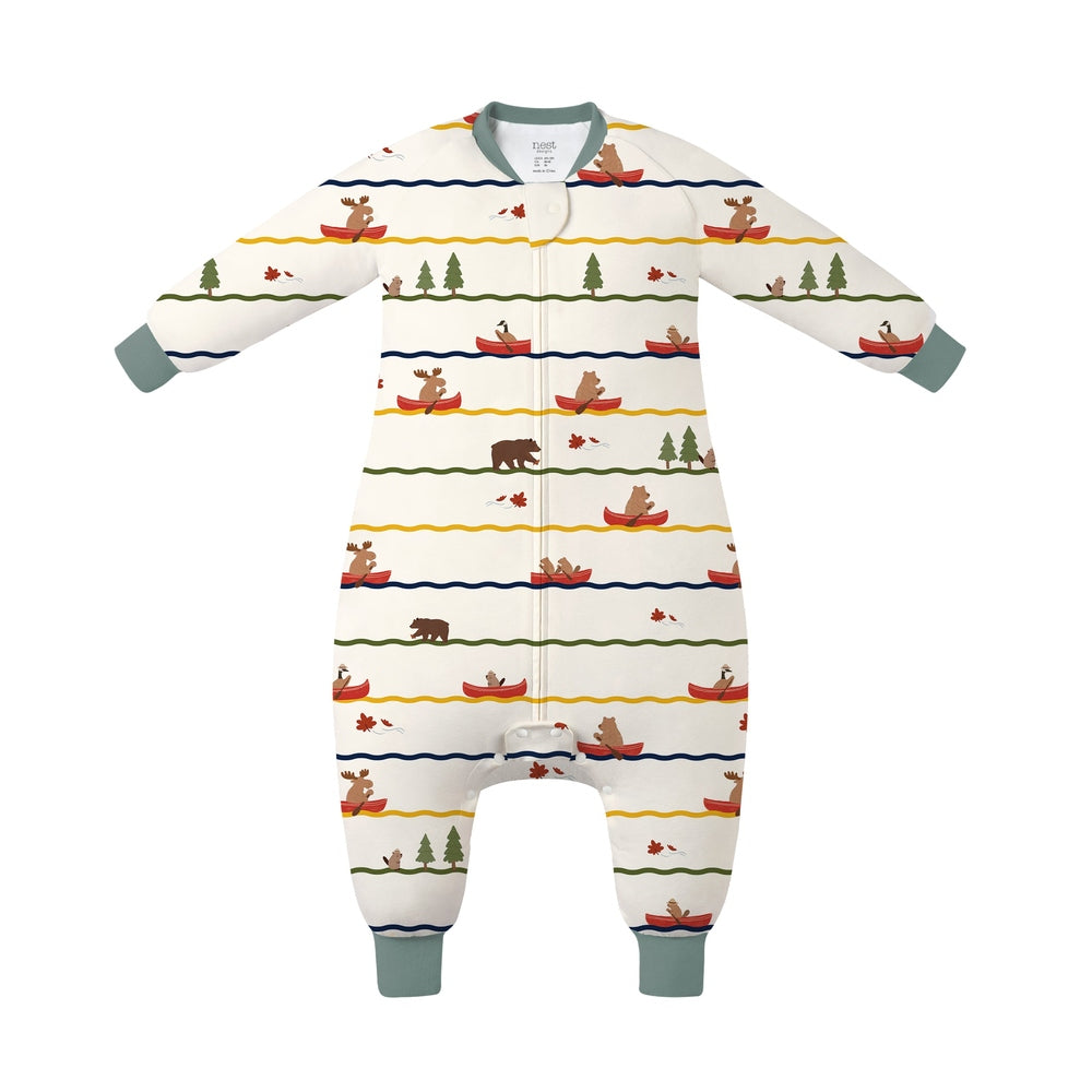 Nest Designs Bamboo Long Sleeve Footed Sleep Bag 1.0 Tog Canoe pattern, baby shown in cozy sleepwear with mint cuffs