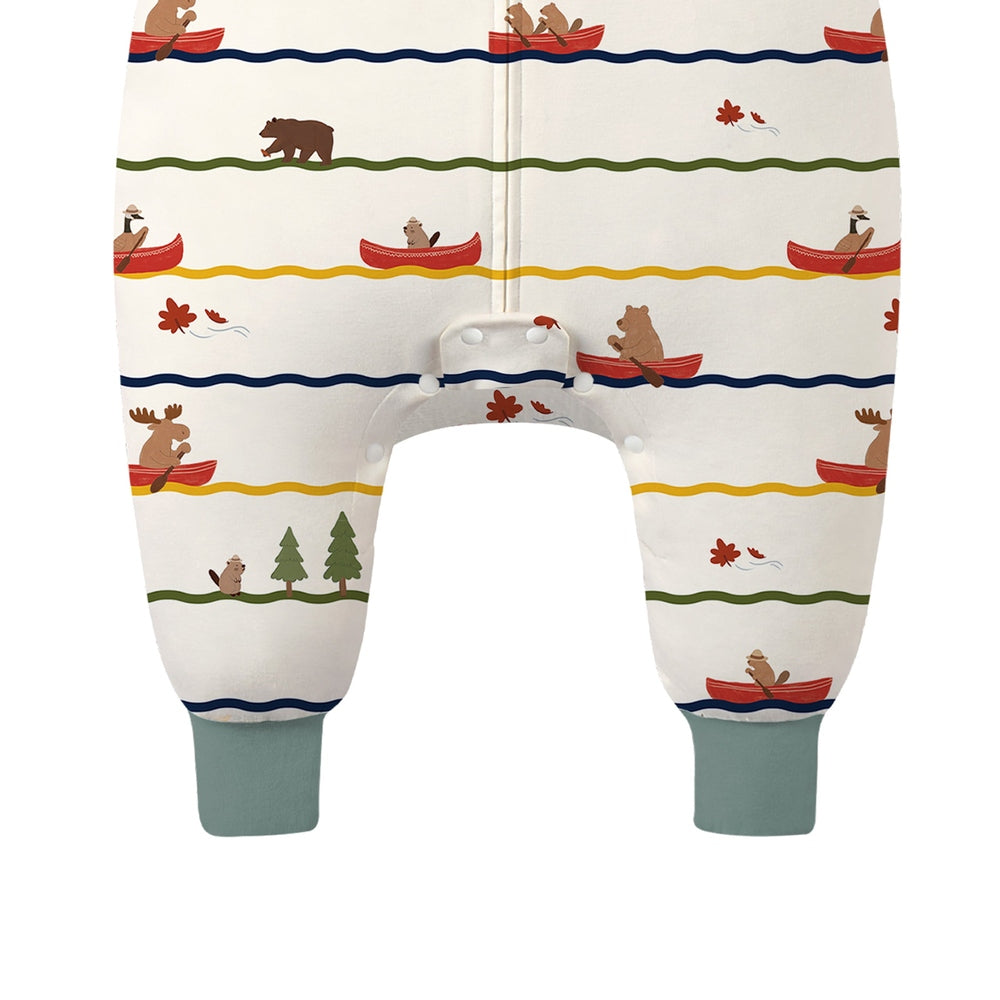 Nest Designs Bamboo Long Sleeve Footed Sleep Bag 1.0 Tog in canoe print with front zipper for easy changes.