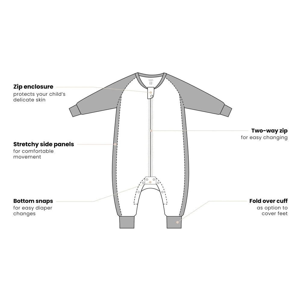 Nest Designs bamboo long-sleeve footed sleep bag, 1.0 Tog, gray with two-way zip and bottom snaps.