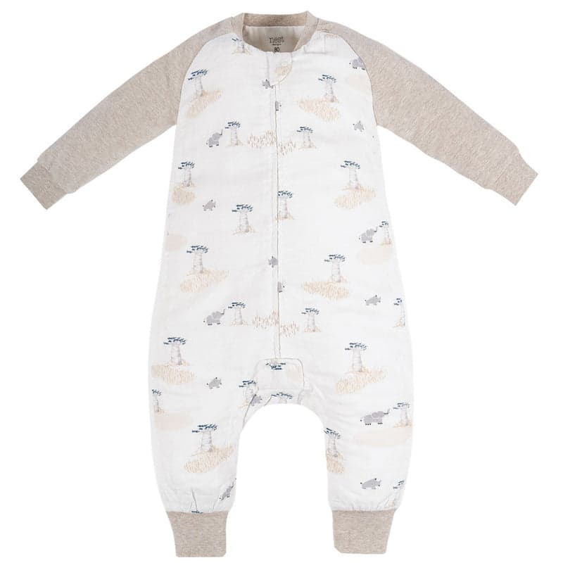 Nest Designs Bamboo Long Sleeve Footed Sleep Bag 1.0 Tog Baby Baobabs displayed flat with beige sleeves and prints
