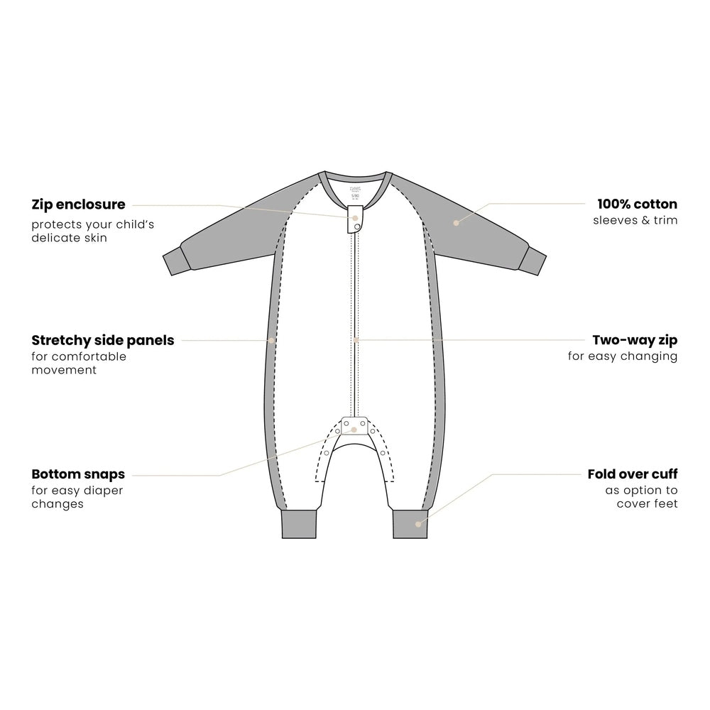 Nest Designs Bamboo long-sleeve footed sleep bag, 1.0 Tog, giraffe shapes, showing two-way zipper and bottom snaps for easy changes