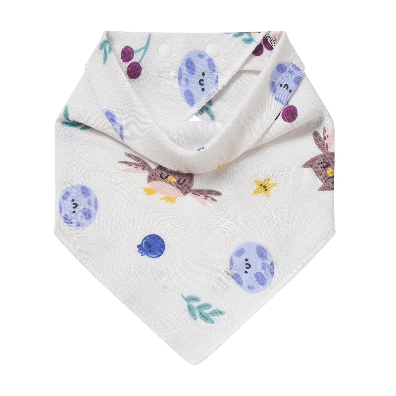 Nest Designs bamboo muslin baby bandana bib Evening Bounty in white with owl and moon star print