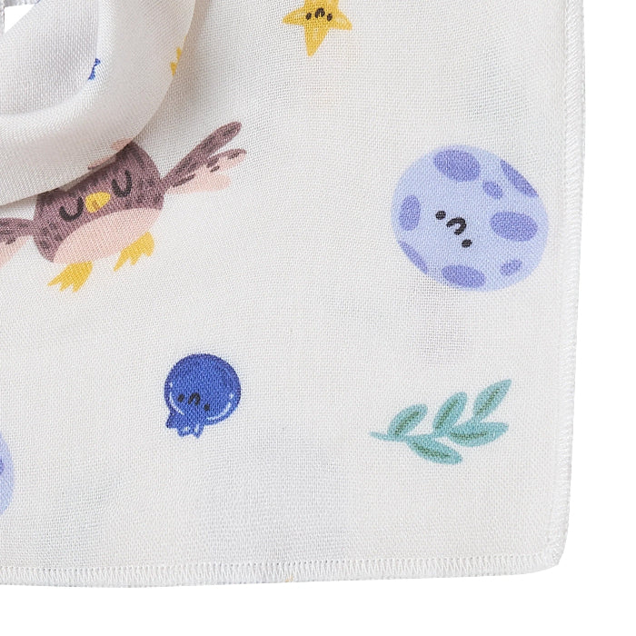 Nest Designs bamboo muslin baby bandana bib with blue moon and owl print on white fabric