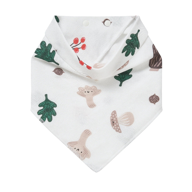 Nest Designs bamboo muslin baby bandana bib in forest forage print with mushrooms and trees