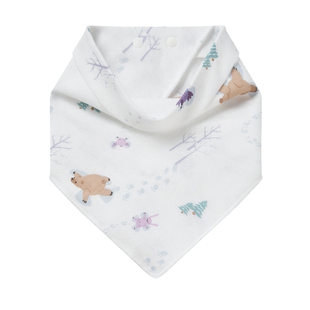 Nest Designs Bamboo Muslin Baby Bandana Bib Snow Angels, white with bears and trees; shown with snap closures.