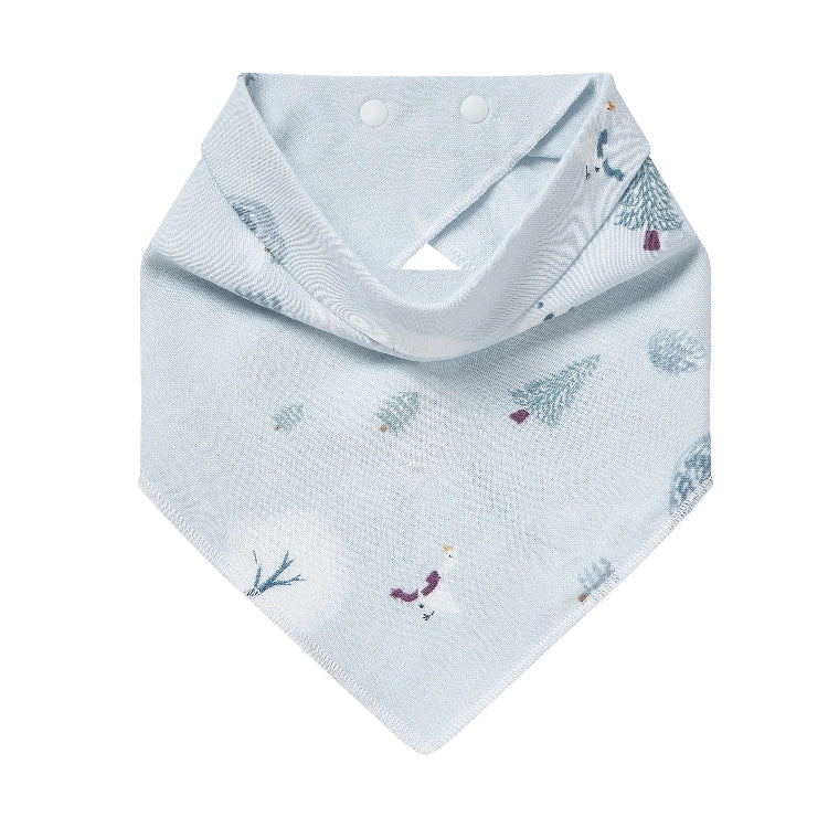 Nest Designs Bamboo Muslin Baby Bandana Bib Snowy Snuggles in pale blue with tree pattern and snap closures.