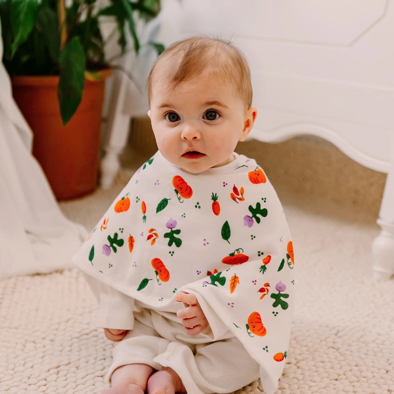 Nest Designs Bamboo Muslin Burp n Bib 2-Pack Harvest Time bibs for babies, white with colorful veggie print