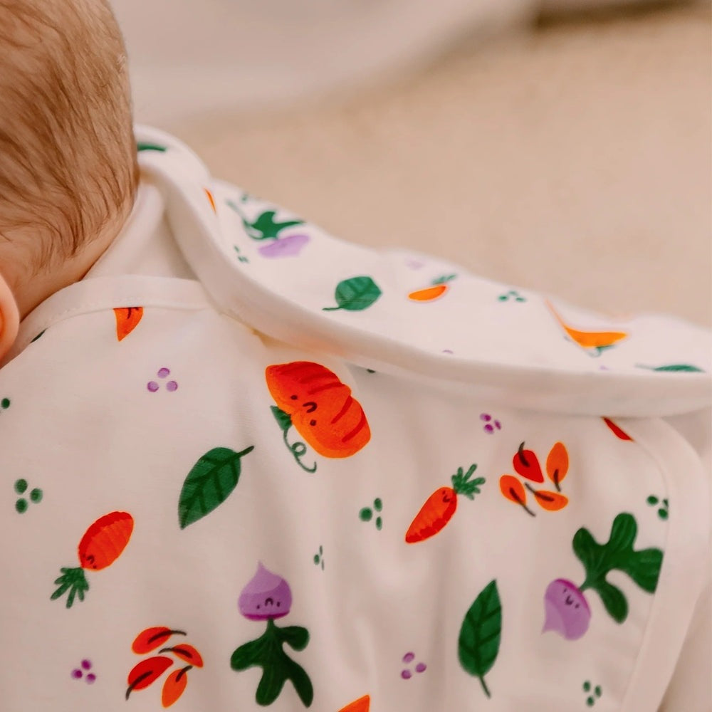 Nest Designs Burp n Bib 2-pack baby bibs in white with harvest-time pumpkin and carrot print