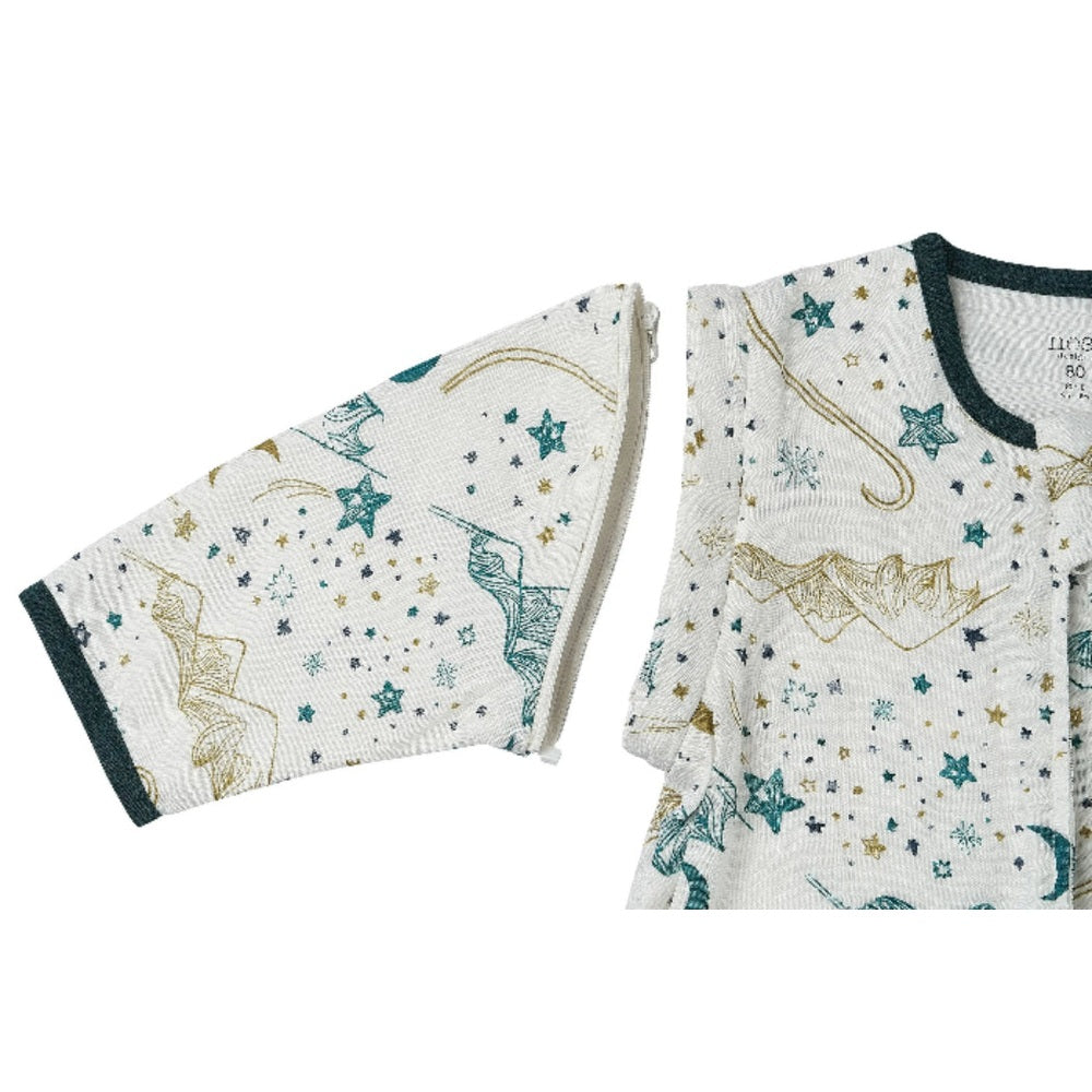 Nest Designs bamboo muslin sleep bag with removable 3/4 sleeves, white with teal and gold stars, sleeves shown detached