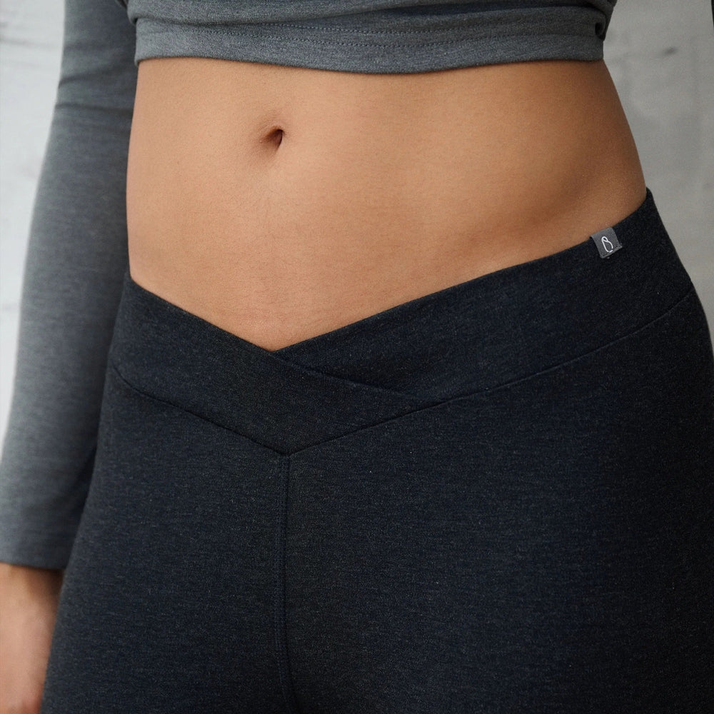 Charcoal bamboo maternity leggings with overlapping V waistband.
