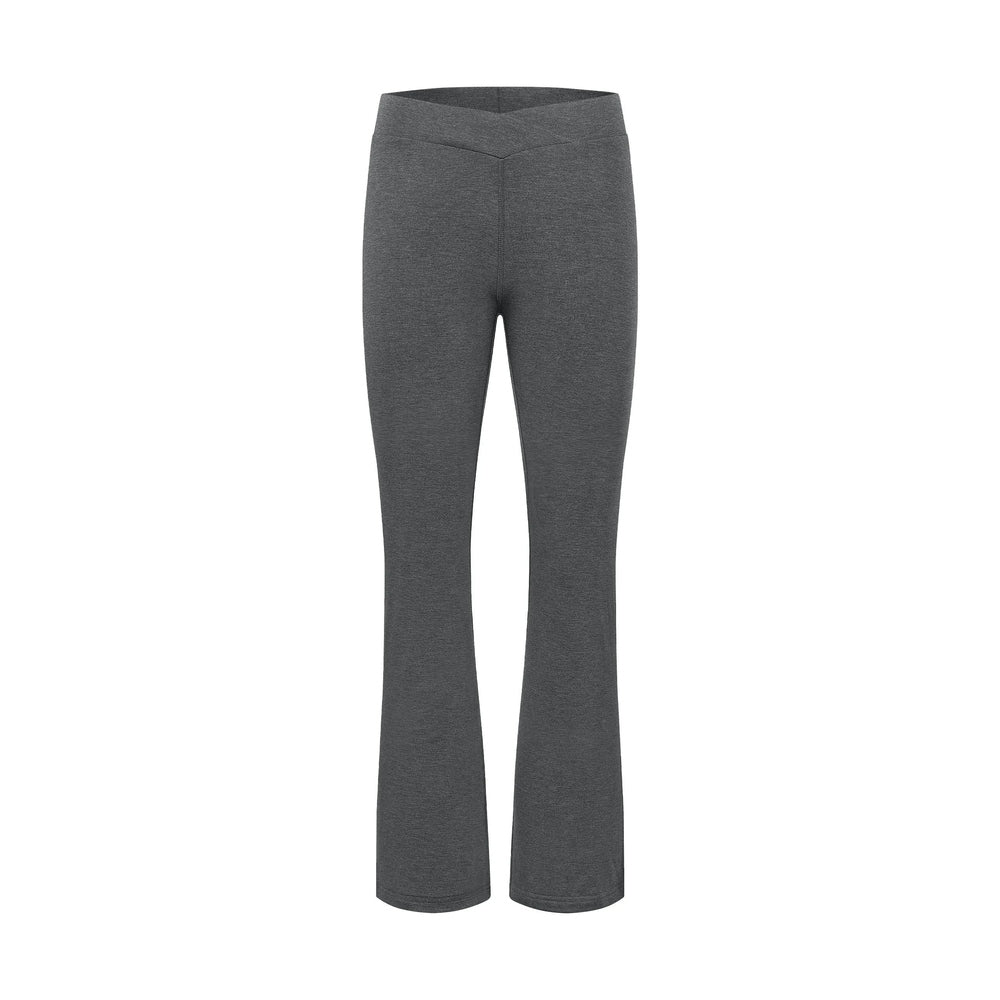 Dark gray bamboo maternity pants with straight legs and a V-shaped waistband.