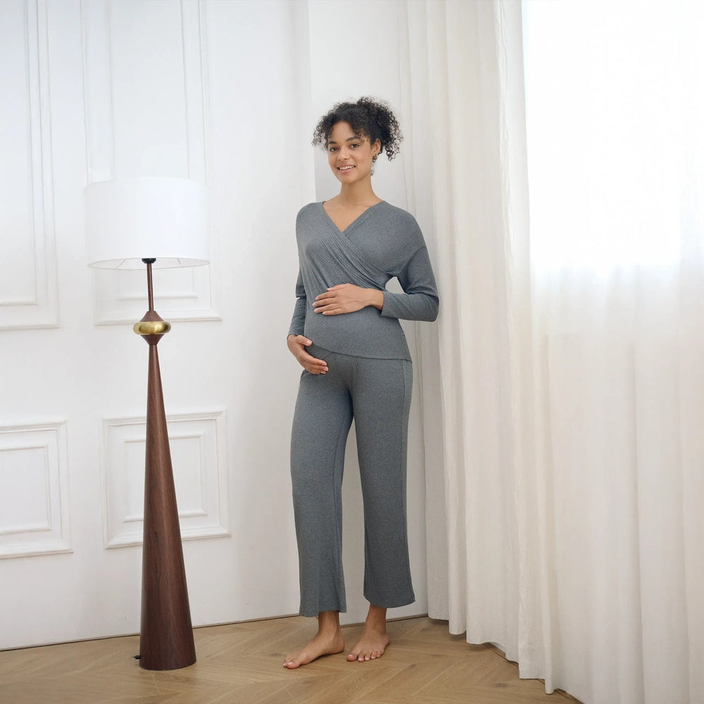 Nest Designs Bamboo Nest Bump maternity wide-leg pants in grey knit, on a pregnant model.