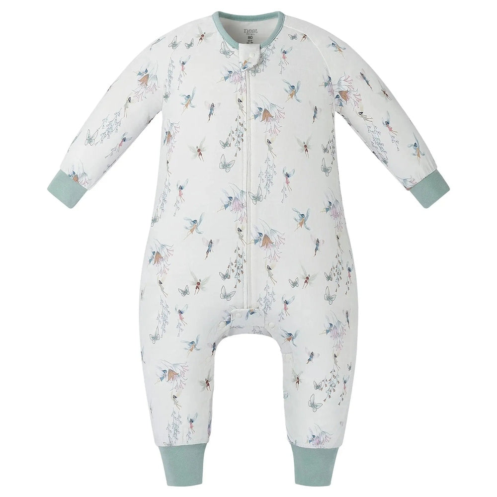 Nest Designs Bamboo Pima Long Sleeve Footed Sleep Bag 0.6 Tog Fairy Tale in white with sage cuffs, center zip for easy dressing.