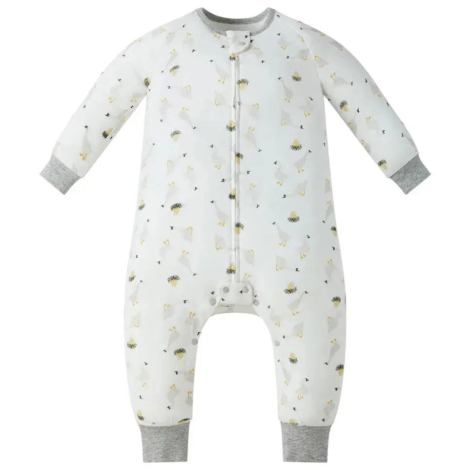 Nest Designs Bamboo Pima Sleep Suit 0.6 Tog, white with yellow/gray print, front zip from neck to ankle