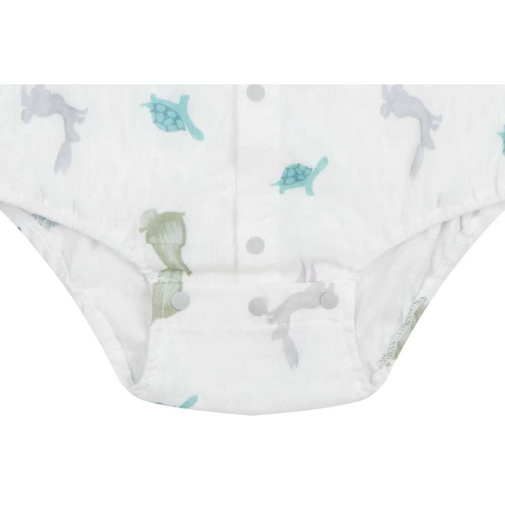 Nest Designs Bamboo Pima Sleeveless Onesie, white with tortoise & hare print, snaps at the bottom.