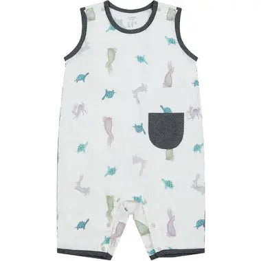 Nest Designs Bamboo Pima Sleeveless Romper The Tortoise & The Hare laid flat with multicolor animal print and dark pocket