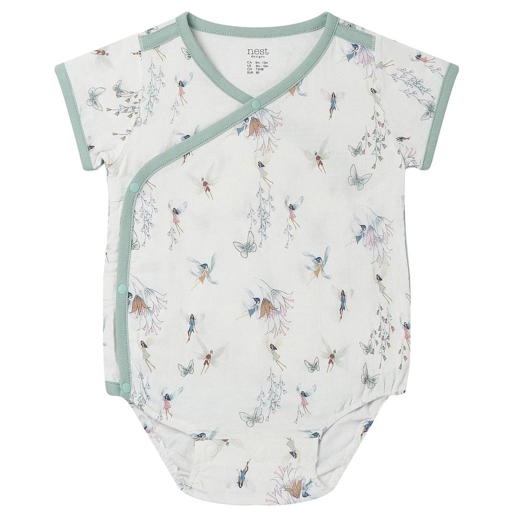 Nest Designs Bamboo Short Sleeve Kimono Onesie Fairy Tale with mint trim and side-snap wrap.