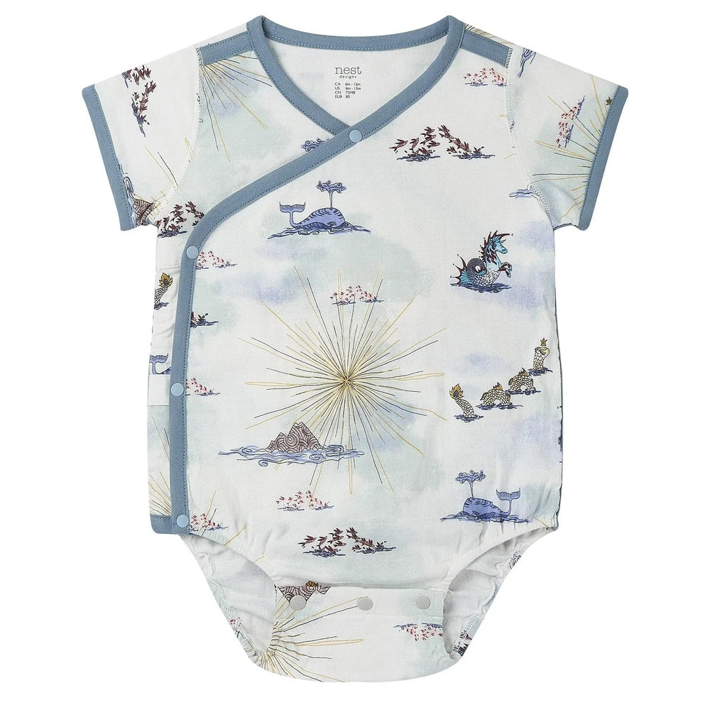 Nest Designs Bamboo Short Sleeve Kimono Onesie Ocean Wonders in light blue trim, shown with side-snap wrap closure.