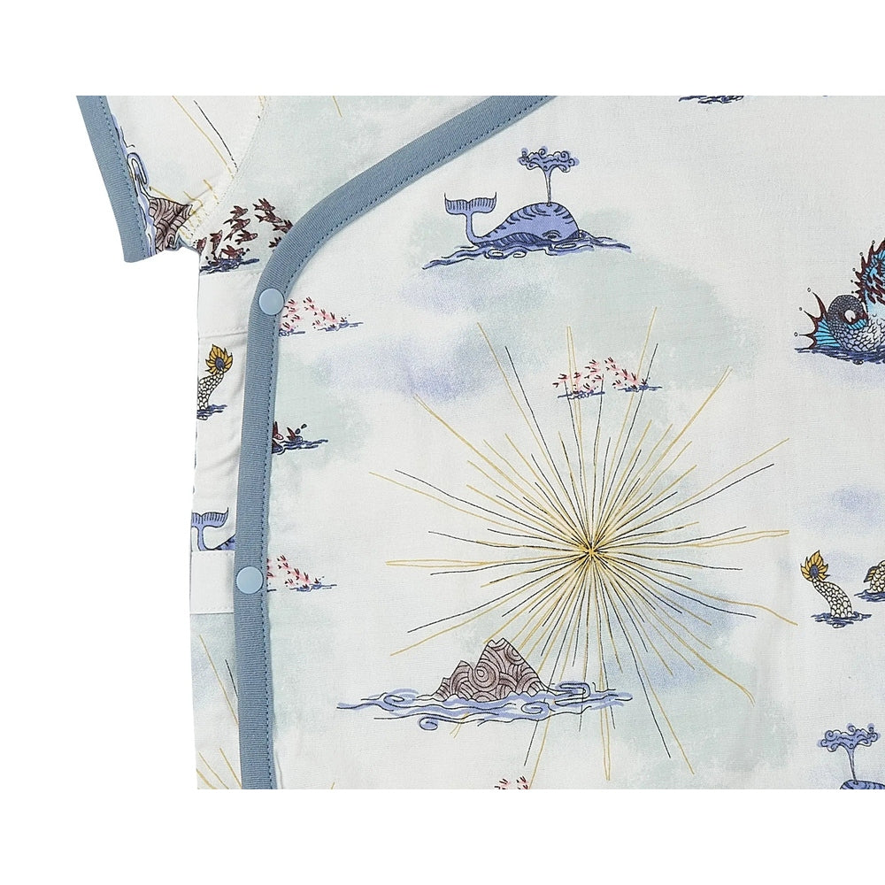 Nest Designs Bamboo Short Sleeve Kimono Onesie Ocean Wonders with light blue trim, shown with side-snap closure.