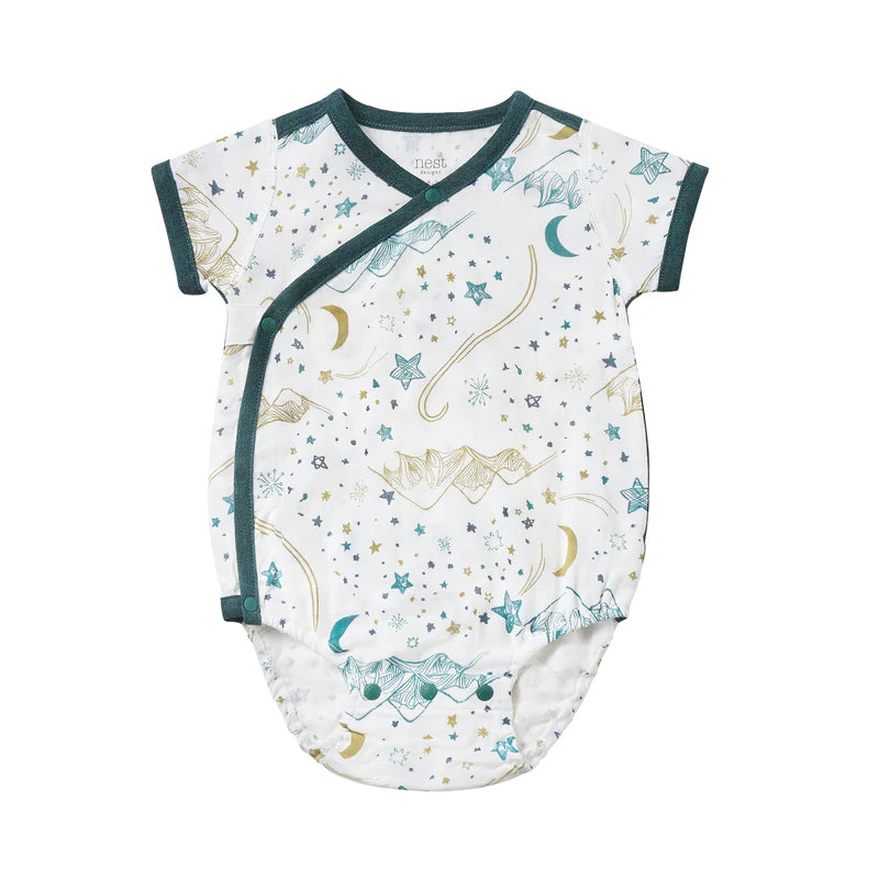 Nest Designs Bamboo Short Sleeve Kimono Onesie Stars White, teal trim, wrap-front style shown laid flat for easy dressing.