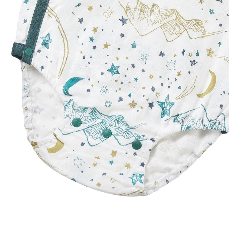Nest Designs Bamboo Short Sleeve Kimono Onesie Stars White, teal snaps fasten the bottom on a dreamy starry print.